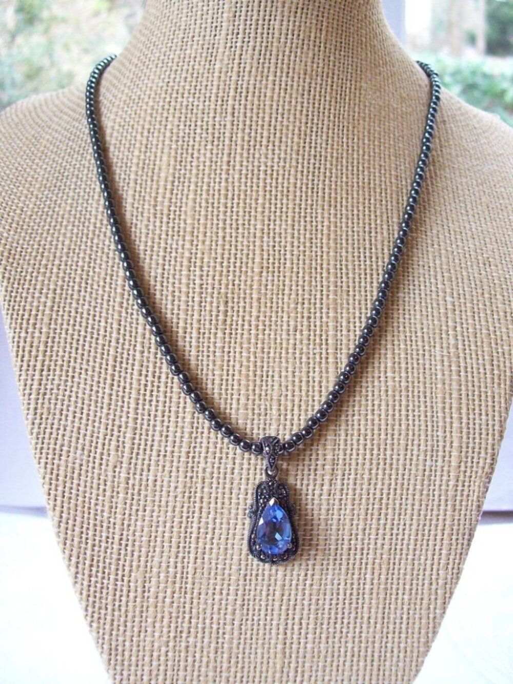 New Handcrafted Hematite Bead Necklace with Cubic Zirconia Pendant